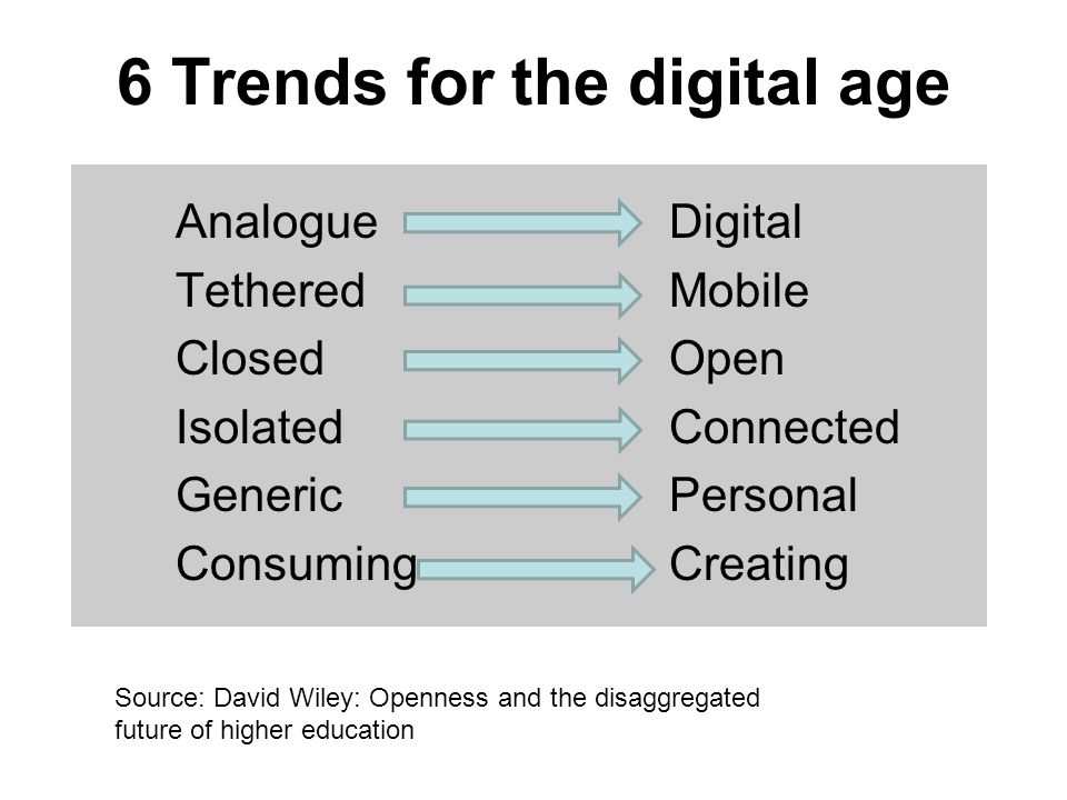 6 Trends for the digital age Analogue Digital Tethered Mobile Closed Open Isolated Connected GenericPersonal Consuming Creating Source: David Wiley: Openness and the disaggregated future of higher education
