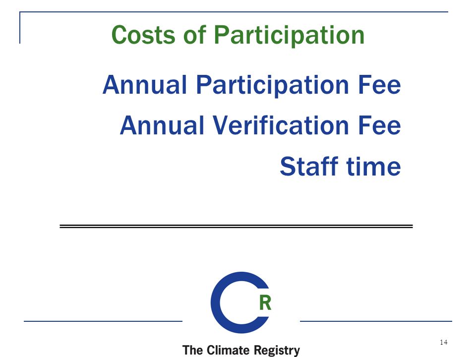 14 Costs of Participation Annual Participation Fee Annual Verification Fee Staff time
