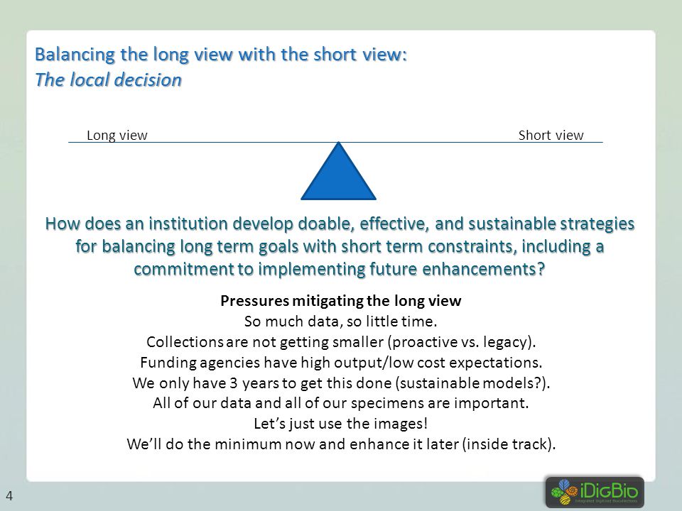 Balancing the long view with the short view: The local decision 4 Pressures mitigating the long view So much data, so little time.