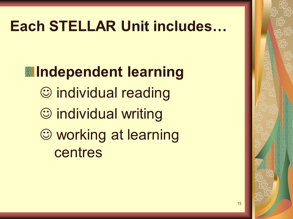 15 Each STELLAR Unit includes… Independent learning individual reading individual writing working at learning centres