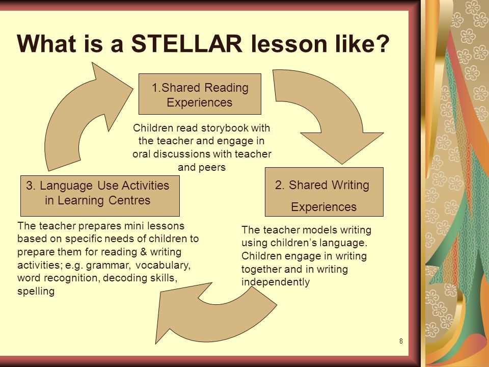8 What is a STELLAR lesson like. 1.Shared Reading Experiences 2.