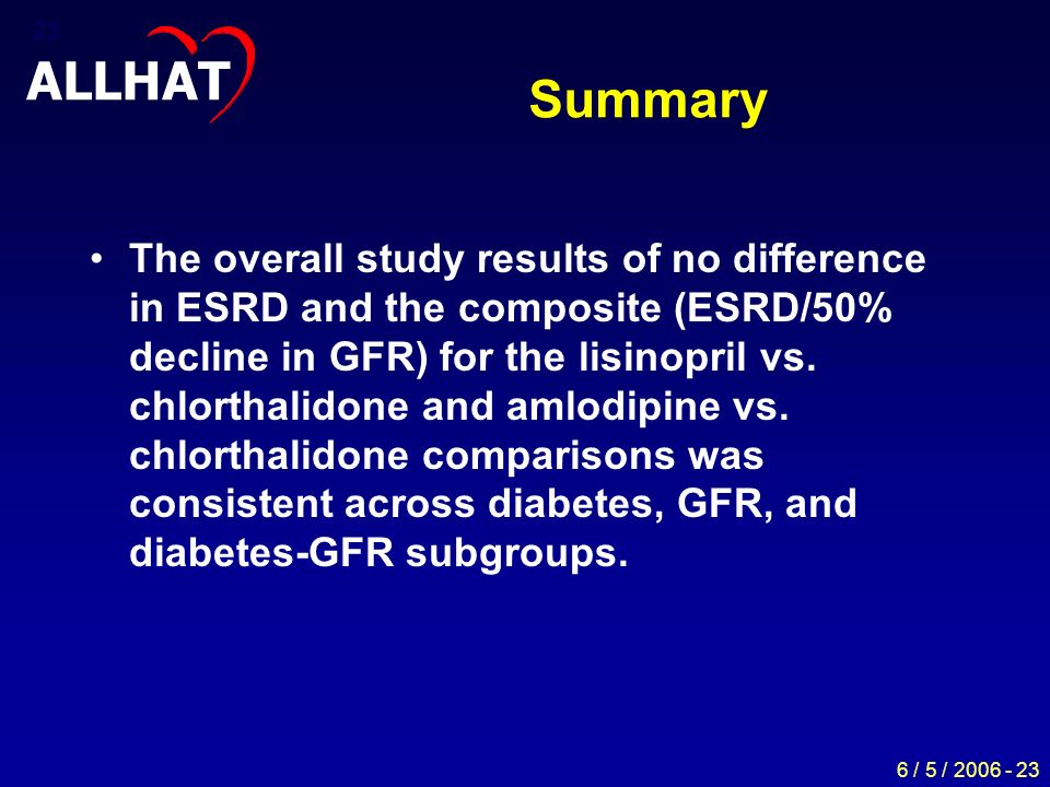 6 / 5 / Summary The overall study results of no difference in ESRD and the composite (ESRD/50% decline in GFR) for the lisinopril vs.