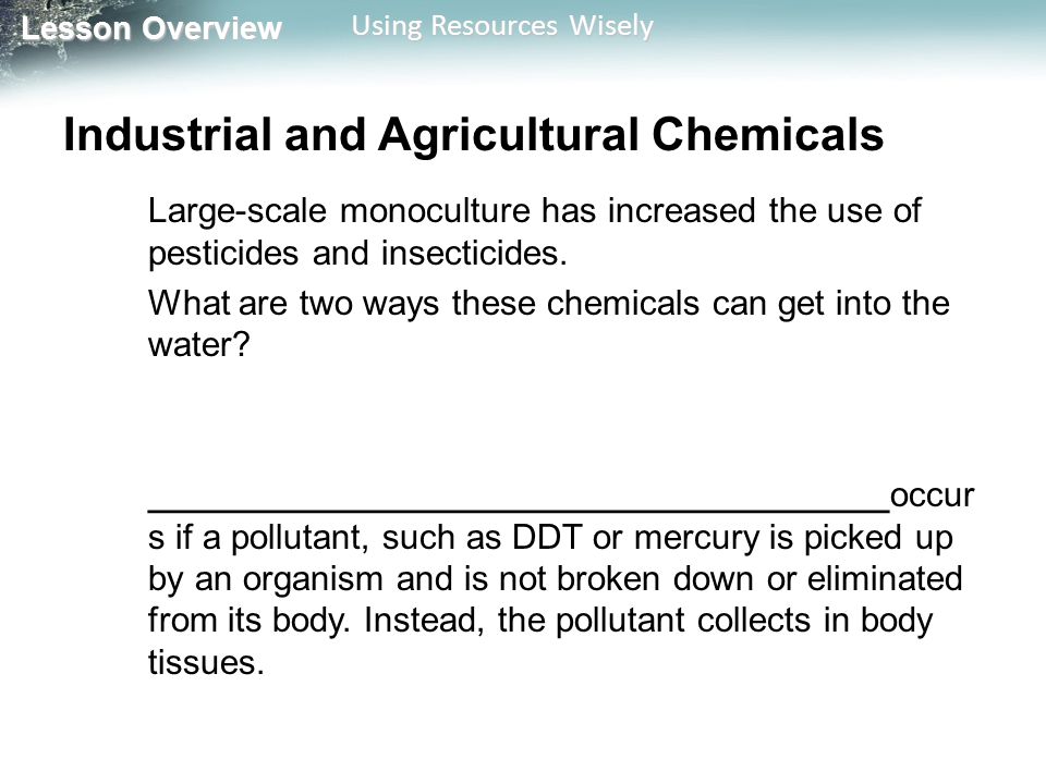 Lesson Overview Lesson Overview Using Resources Wisely Industrial and Agricultural Chemicals Large-scale monoculture has increased the use of pesticides and insecticides.