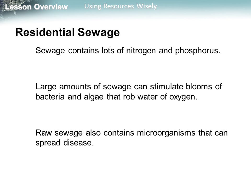 Lesson Overview Lesson Overview Using Resources Wisely Residential Sewage Sewage contains lots of nitrogen and phosphorus.