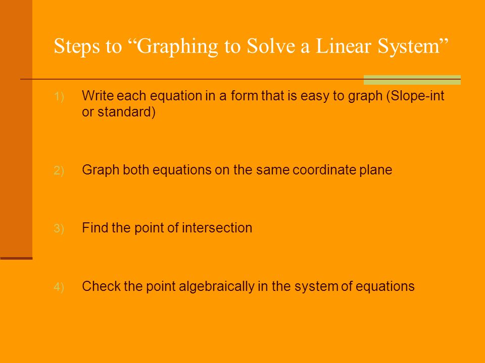 Steps to Graphing to Solve a Linear System 1) Write each equation in a form that is easy to graph (Slope-int or standard) 2) Graph both equations on the same coordinate plane 3) Find the point of intersection 4) Check the point algebraically in the system of equations