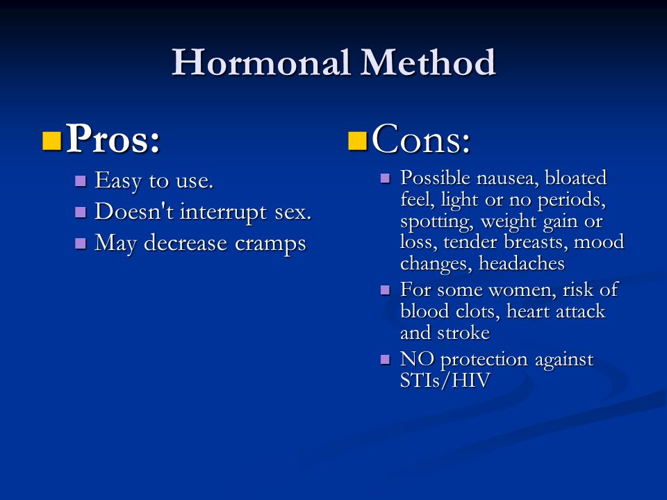 Hormonal Method Pros: Pros: Easy to use. Easy to use.