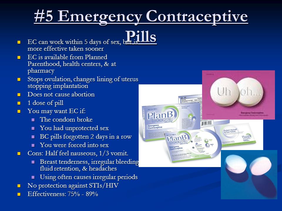 #5 Emergency Contraceptive Pills EC can work within 5 days of sex, but is more effective taken sooner EC can work within 5 days of sex, but is more effective taken sooner EC is available from Planned Parenthood, health centers, & at pharmacy EC is available from Planned Parenthood, health centers, & at pharmacy Stops ovulation, changes lining of uterus stopping implantation Stops ovulation, changes lining of uterus stopping implantation Does not cause abortion Does not cause abortion 1 dose of pill 1 dose of pill You may want EC if: You may want EC if: The condom broke The condom broke You had unprotected sex You had unprotected sex BC pills forgotten 2 days in a row BC pills forgotten 2 days in a row You were forced into sex You were forced into sex Cons: Half feel nauseous, 1/3 vomit.