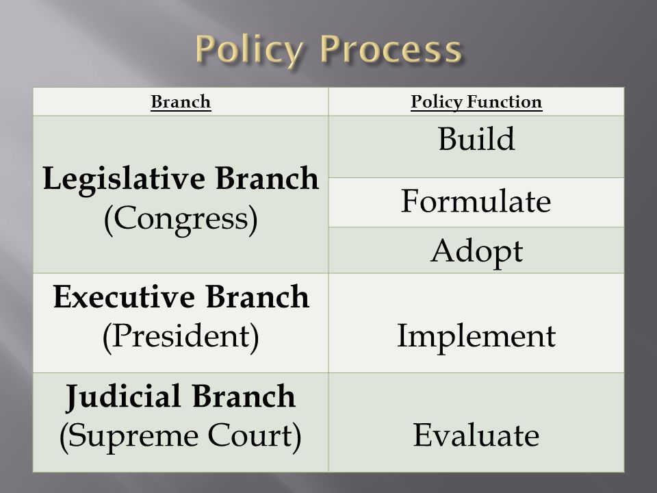 BranchPolicy Function Legislative Branch (Congress) Build Formulate Adopt Executive Branch (President)Implement Judicial Branch (Supreme Court)Evaluate