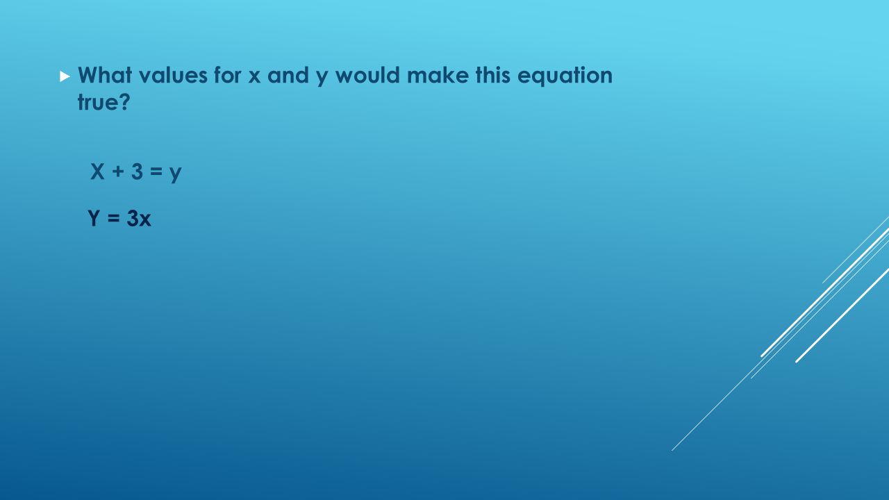  What values for x and y would make this equation true X + 3 = y Y = 3x