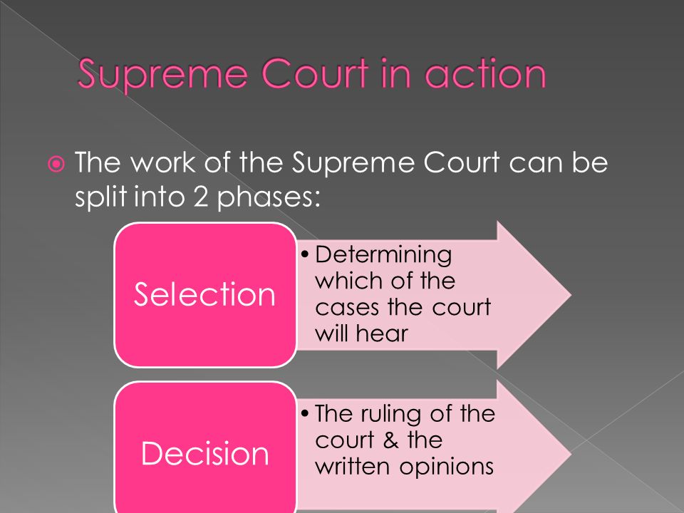  The work of the Supreme Court can be split into 2 phases: Determining which of the cases the court will hear Selection The ruling of the court & the written opinions Decision
