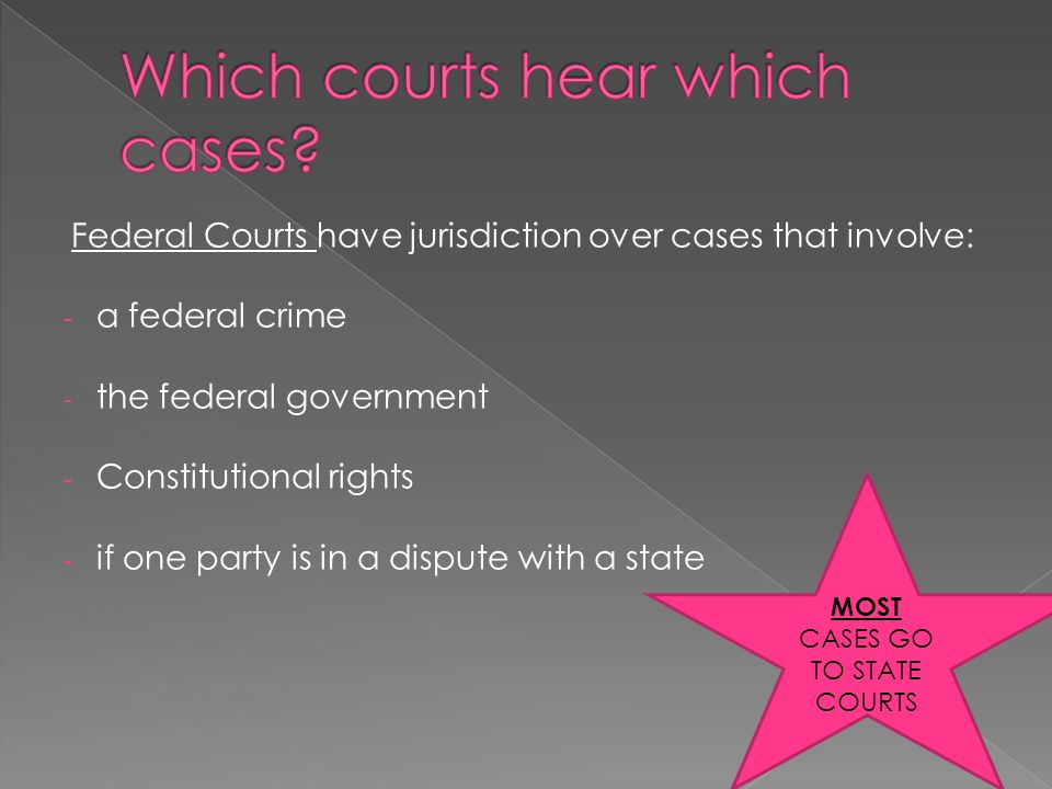 Federal Courts have jurisdiction over cases that involve: - a federal crime - the federal government - Constitutional rights - if one party is in a dispute with a state MOST CASES GO TO STATE COURTS