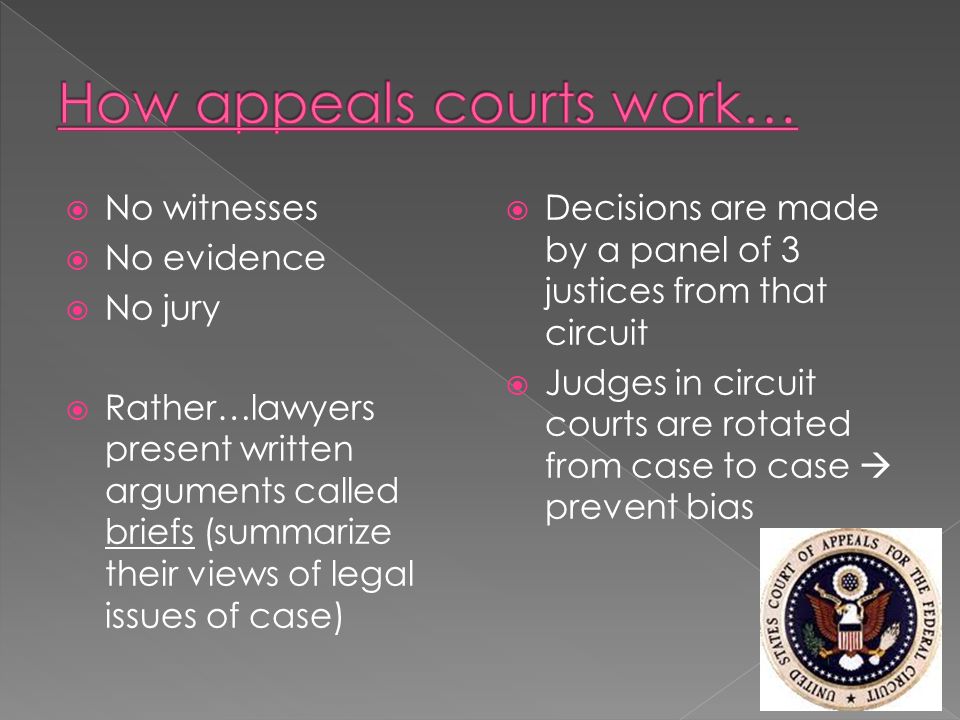  No witnesses  No evidence  No jury  Rather…lawyers present written arguments called briefs (summarize their views of legal issues of case)  Decisions are made by a panel of 3 justices from that circuit  Judges in circuit courts are rotated from case to case  prevent bias