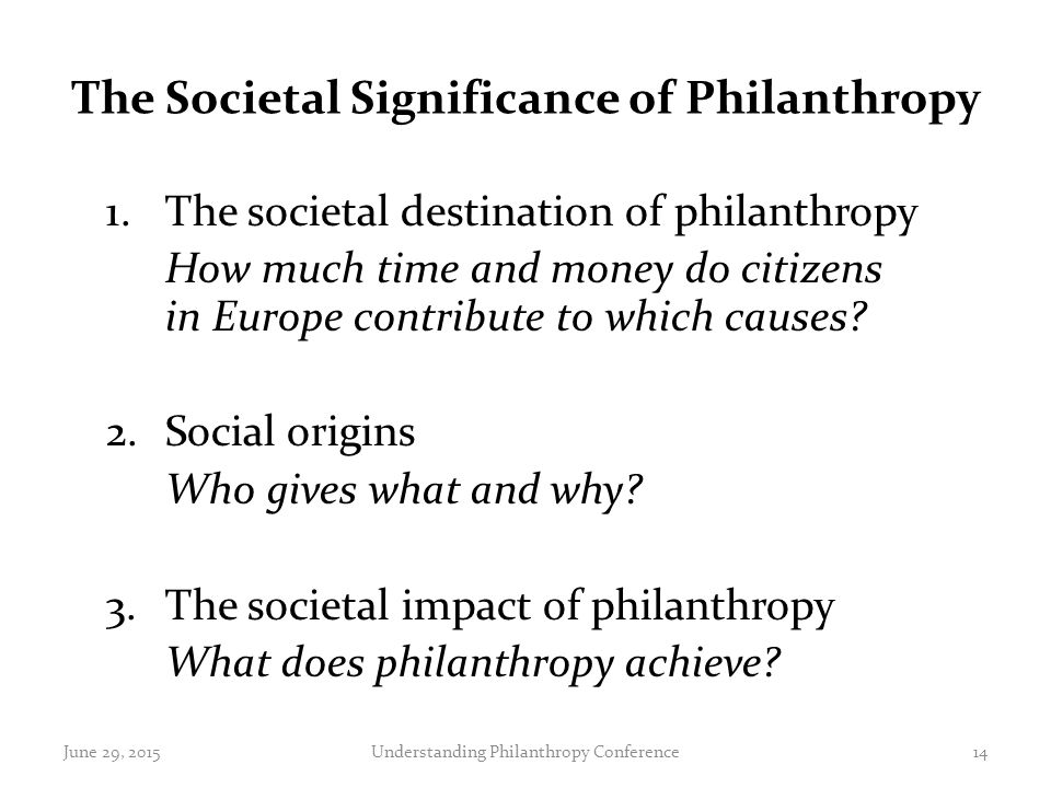 The Societal Significance of Philanthropy 1.The societal destination of philanthropy How much time and money do citizens in Europe contribute to which causes.