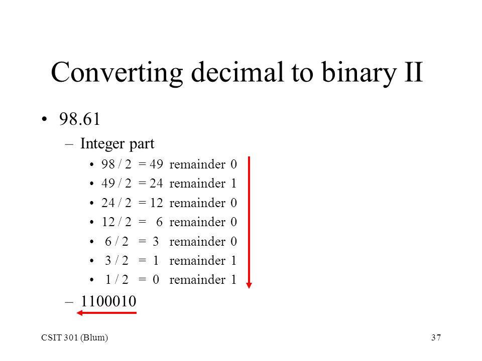 CSIT 301 (Blum)37 Converting decimal to binary II –Integer part 98 / 2 = 49 remainder 0 49 / 2 = 24 remainder 1 24 / 2 = 12 remainder 0 12 / 2 = 6 remainder 0 6 / 2 = 3 remainder 0 3 / 2 = 1 remainder 1 1 / 2 = 0 remainder 1 –