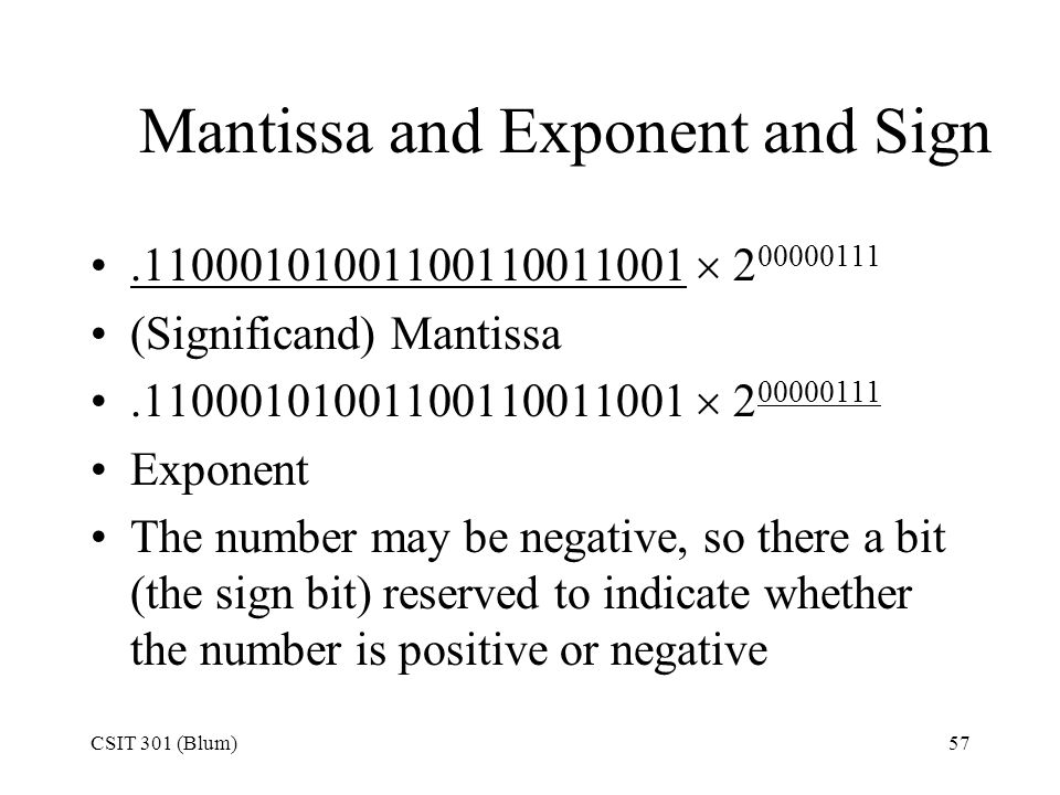CSIT 301 (Blum)57 Mantissa and Exponent and Sign  (Significand) Mantissa  Exponent The number may be negative, so there a bit (the sign bit) reserved to indicate whether the number is positive or negative