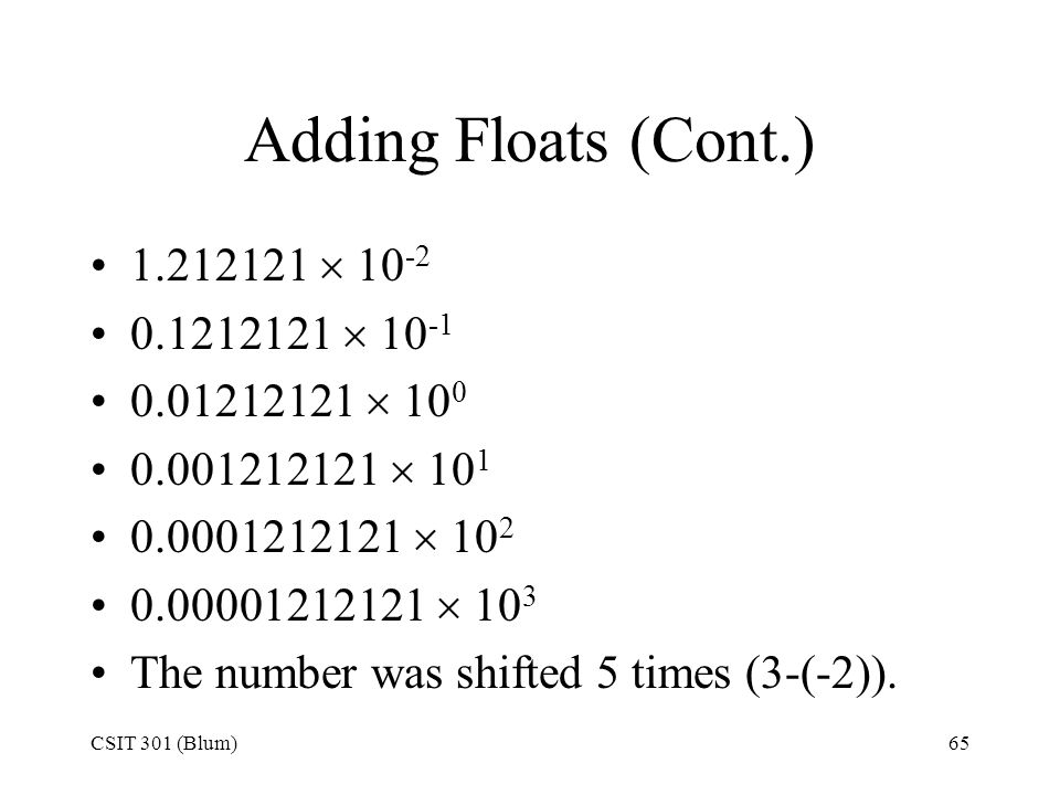 CSIT 301 (Blum)65 Adding Floats (Cont.)       10 3 The number was shifted 5 times (3-(-2)).
