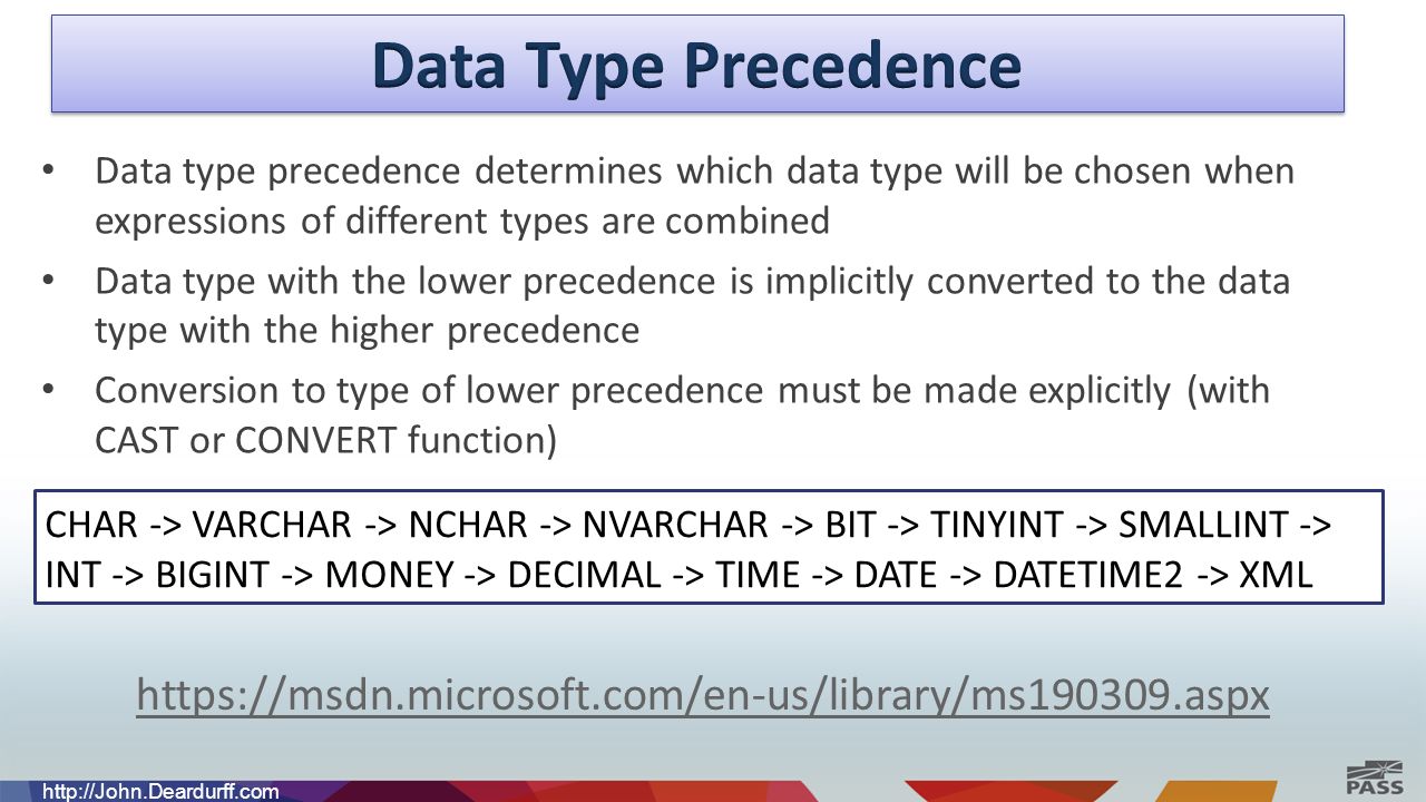 CHAR -> VARCHAR -> NCHAR -> NVARCHAR -> BIT -> TINYINT -> SMALLINT -> INT -> BIGINT -> MONEY -> DECIMAL -> TIME -> DATE -> DATETIME2 -> XML Data type precedence determines which data type will be chosen when expressions of different types are combined Data type with the lower precedence is implicitly converted to the data type with the higher precedence Conversion to type of lower precedence must be made explicitly (with CAST or CONVERT function)