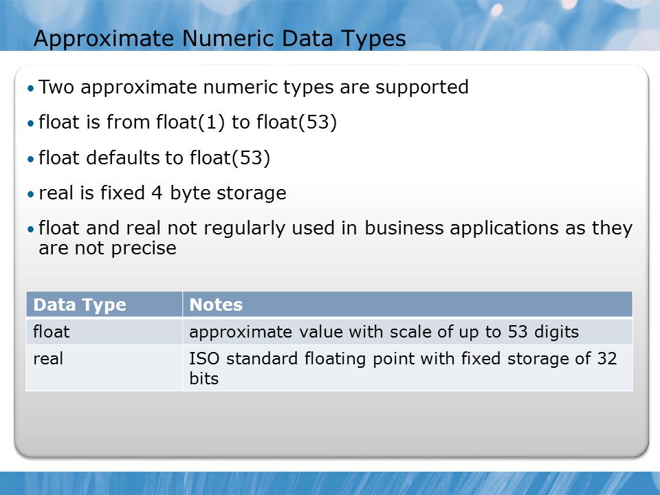 Approximate Numeric Data Types Data TypeNotes floatapproximate value with scale of up to 53 digits realISO standard floating point with fixed storage of 32 bits Two approximate numeric types are supported float is from float(1) to float(53) float defaults to float(53) real is fixed 4 byte storage float and real not regularly used in business applications as they are not precise