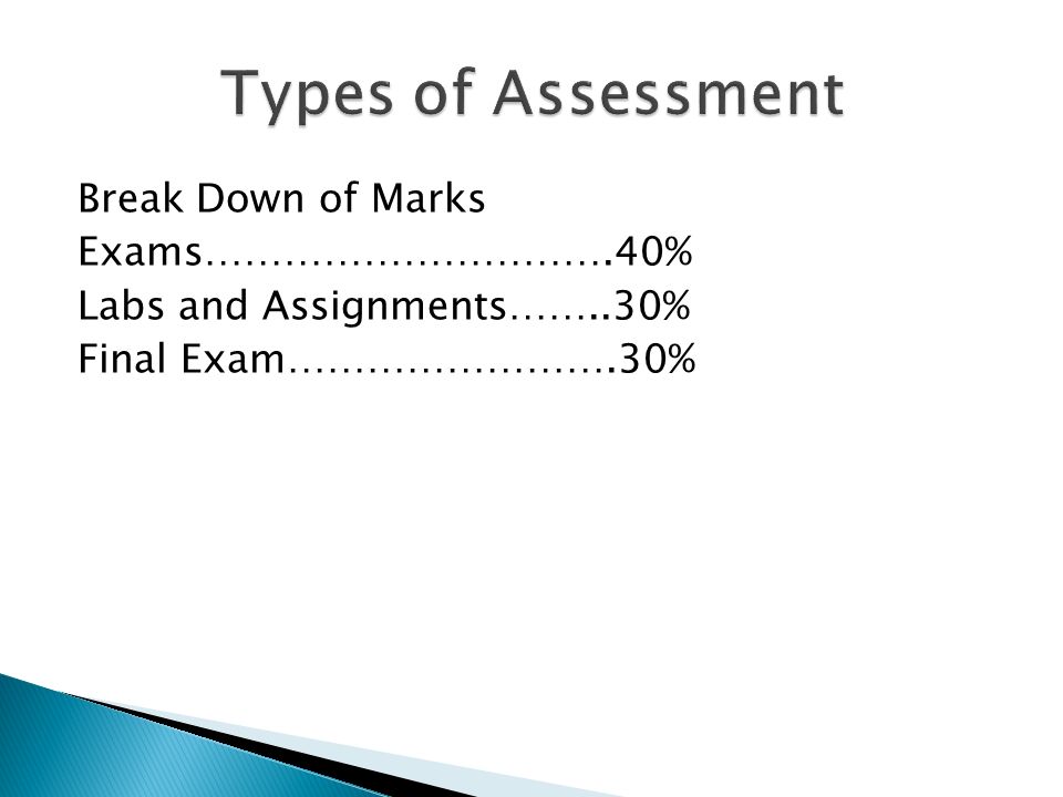 Break Down of Marks Exams………………………….40% Labs and Assignments……..30% Final Exam…………………….30%