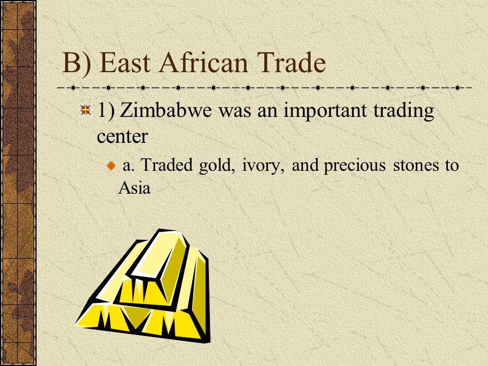 B) East African Trade 1) Zimbabwe was an important trading center a.