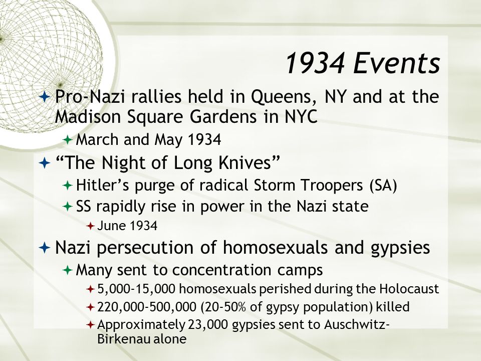 1934 Events  Pro-Nazi rallies held in Queens, NY and at the Madison Square Gardens in NYC  March and May 1934  The Night of Long Knives  Hitler’s purge of radical Storm Troopers (SA)  SS rapidly rise in power in the Nazi state  June 1934  Nazi persecution of homosexuals and gypsies  Many sent to concentration camps  5,000-15,000 homosexuals perished during the Holocaust  220, ,000 (20-50% of gypsy population) killed  Approximately 23,000 gypsies sent to Auschwitz- Birkenau alone