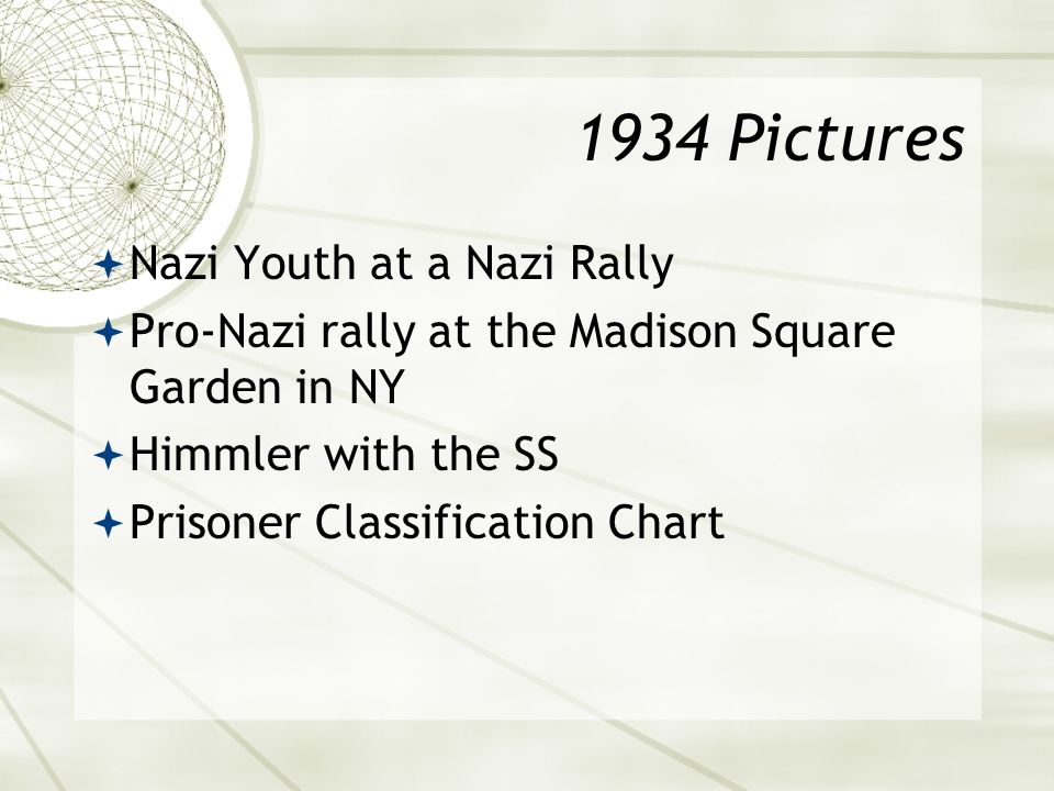 1934 Pictures  Nazi Youth at a Nazi Rally  Pro-Nazi rally at the Madison Square Garden in NY  Himmler with the SS  Prisoner Classification Chart