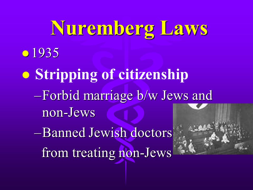 Nuremberg Laws Nuremberg Laws l 1935 l l Stripping of citizenship –Forbid marriage b/w Jews and non-Jews –Banned Jewish doctors from treating non-Jews from treating non-Jews