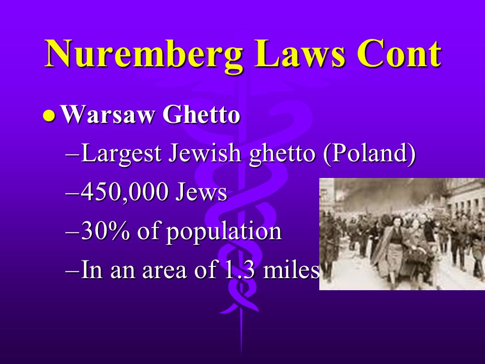 Nuremberg Laws Cont l Warsaw Ghetto –Largest Jewish ghetto (Poland) –450,000 Jews –30% of population –In an area of 1.3 miles