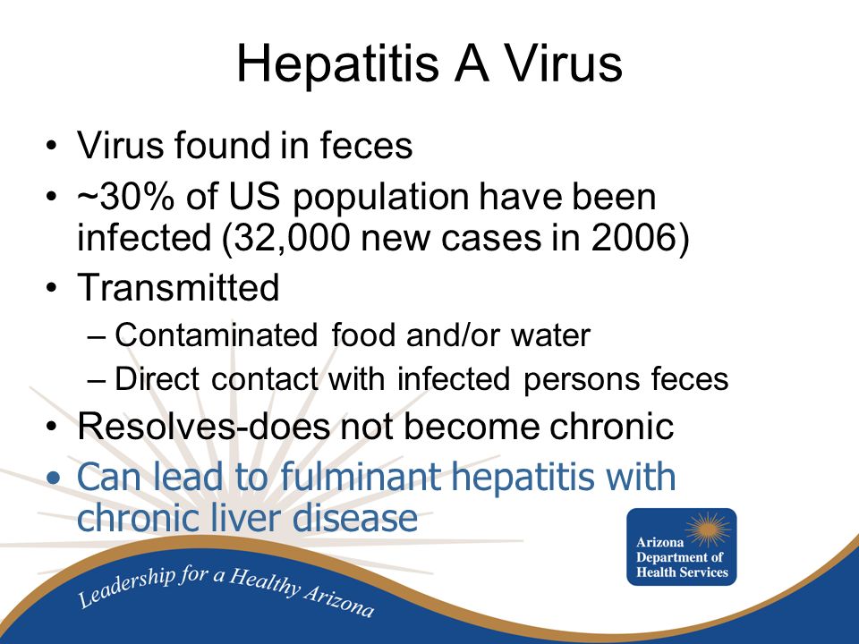 Hepatitis A Virus Virus found in feces ~30% of US population have been infected (32,000 new cases in 2006) Transmitted –Contaminated food and/or water –Direct contact with infected persons feces Resolves-does not become chronic Can lead to fulminant hepatitis with chronic liver disease