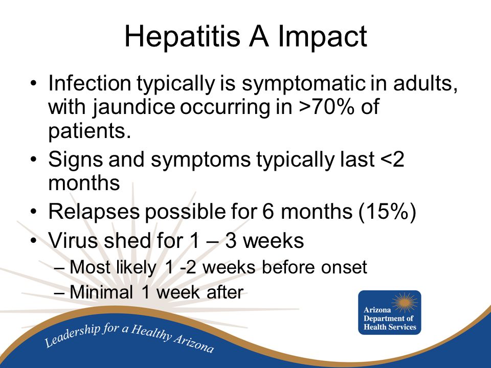 Hepatitis A Impact Infection typically is symptomatic in adults, with jaundice occurring in >70% of patients.