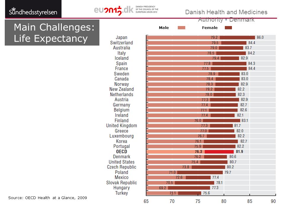 Danish Health and Medicines Authority  Denmark 17 Main Challenges: Life Expectancy MaleFemale Source: OECD Health at a Glance, 2009