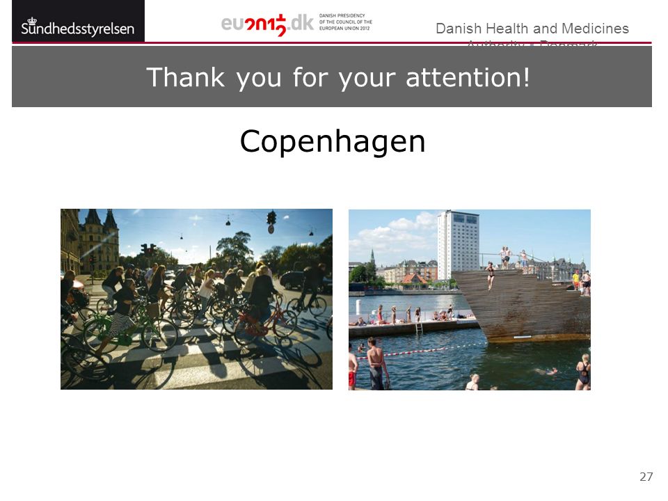 Danish Health and Medicines Authority  Denmark 27 Thank you for your attention! Copenhagen 27
