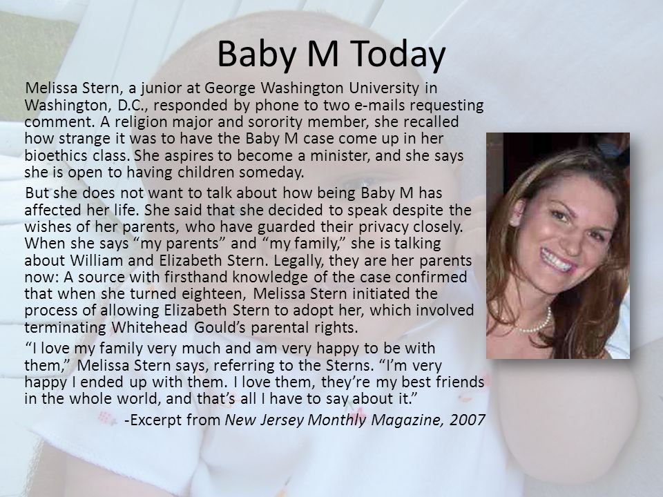 How Do We Define Family The Case of Baby M. The Participants William and  Elizabeth Stern Richard and Mary Beth Whitehead Baby M: Sara Elizabeth  Whitehead/Melissa. - ppt download