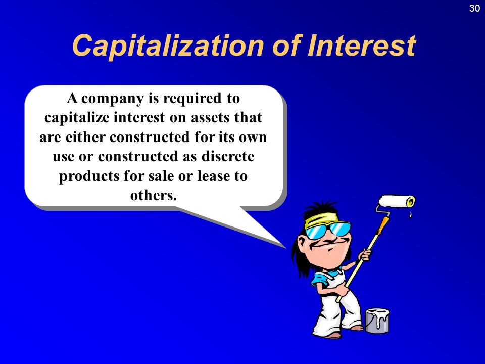 30 Capitalization of Interest A company is required to capitalize interest on assets that are either constructed for its own use or constructed as discrete products for sale or lease to others.