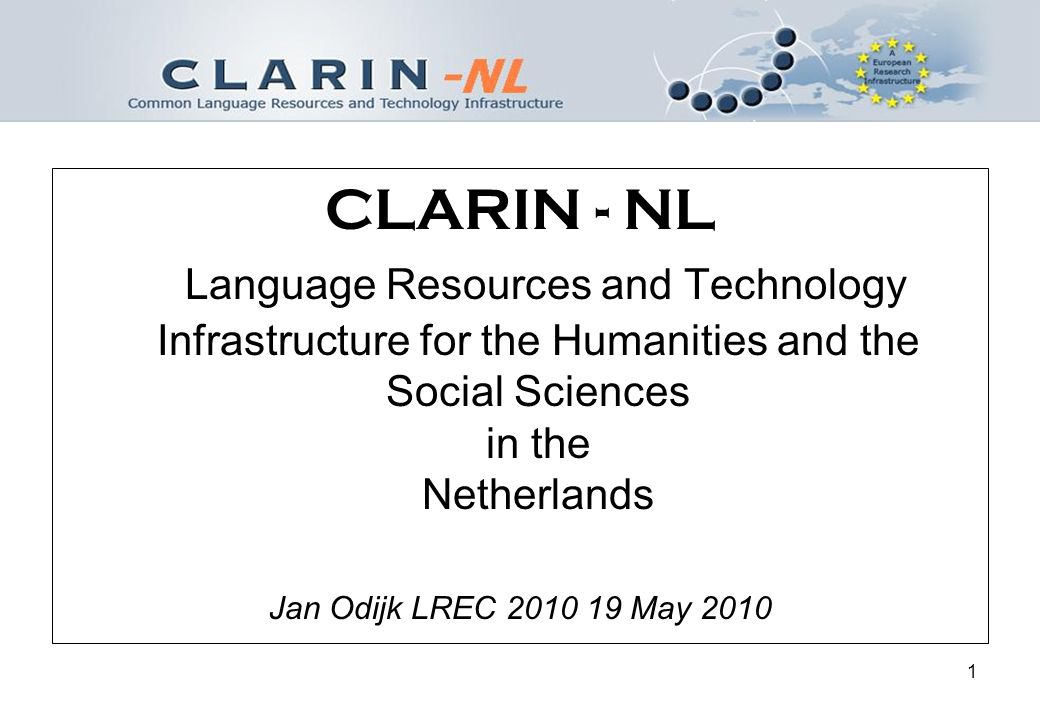 1 CLARIN - NL Language Resources and Technology Infrastructure for the Humanities and the Social Sciences in the Netherlands Jan Odijk LREC May 2010