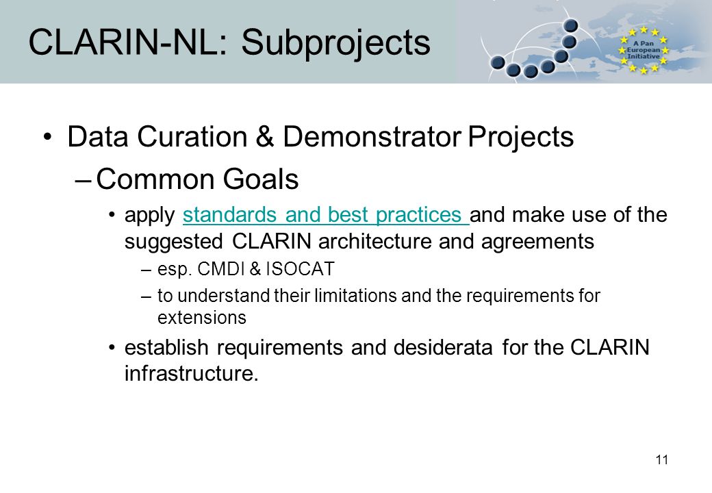 11 CLARIN-NL: Subprojects Data Curation & Demonstrator Projects –Common Goals apply standards and best practices and make use of the suggested CLARIN architecture and agreementsstandards and best practices –esp.