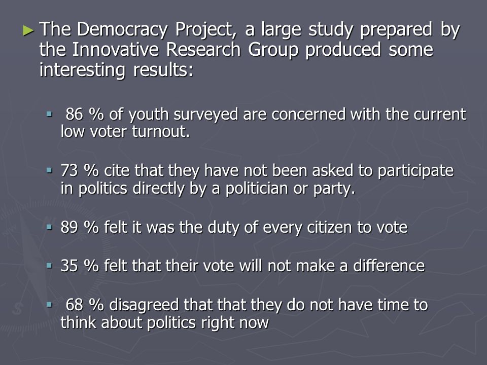 ► The Democracy Project, a large study prepared by the Innovative Research Group produced some interesting results:  86 % of youth surveyed are concerned with the current low voter turnout.