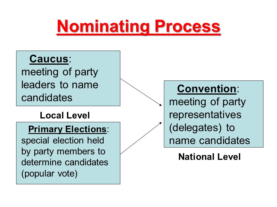 Nominating Process Caucus: meeting of party leaders to name candidates Primary Elections: special election held by party members to determine candidates (popular vote) Convention: meeting of party representatives (delegates) to name candidates Local Level National Level