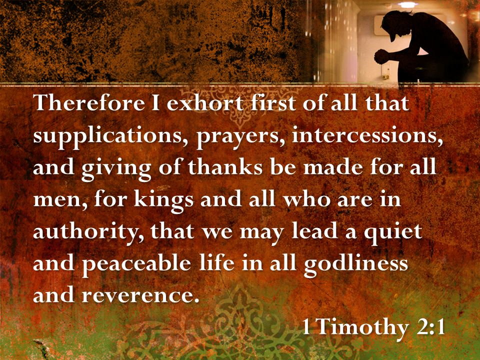 Therefore I exhort first of all that supplications, prayers, intercessions, and giving of thanks be made for all men, for kings and all who are in authority, that we may lead a quiet and peaceable life in all godliness and reverence.