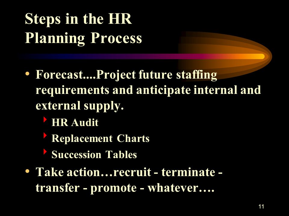 11 Steps in the HR Planning Process Forecast....Project future staffing requirements and anticipate internal and external supply.
