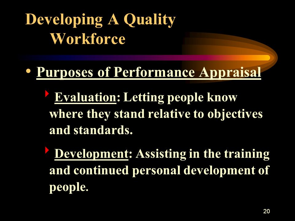 20 Developing A Quality Workforce Purposes of Performance Appraisal  Evaluation: Letting people know where they stand relative to objectives and standards.