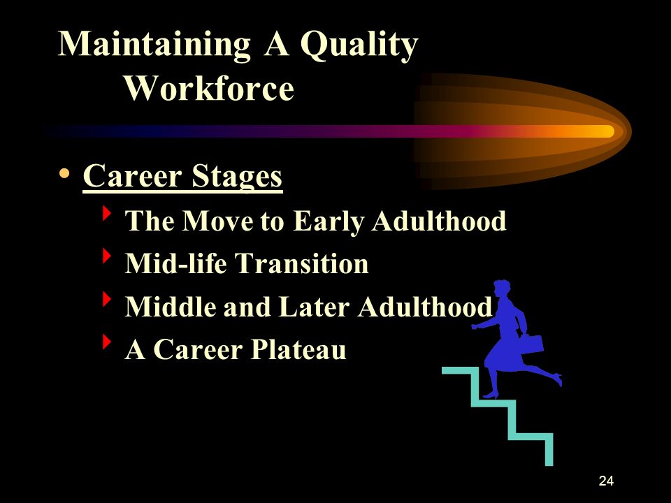 24 Maintaining A Quality Workforce Career Stages  The Move to Early Adulthood  Mid-life Transition  Middle and Later Adulthood  A Career Plateau