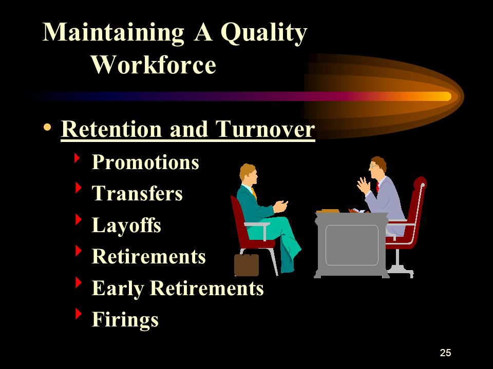 25 Maintaining A Quality Workforce Retention and Turnover  Promotions  Transfers  Layoffs  Retirements  Early Retirements  Firings