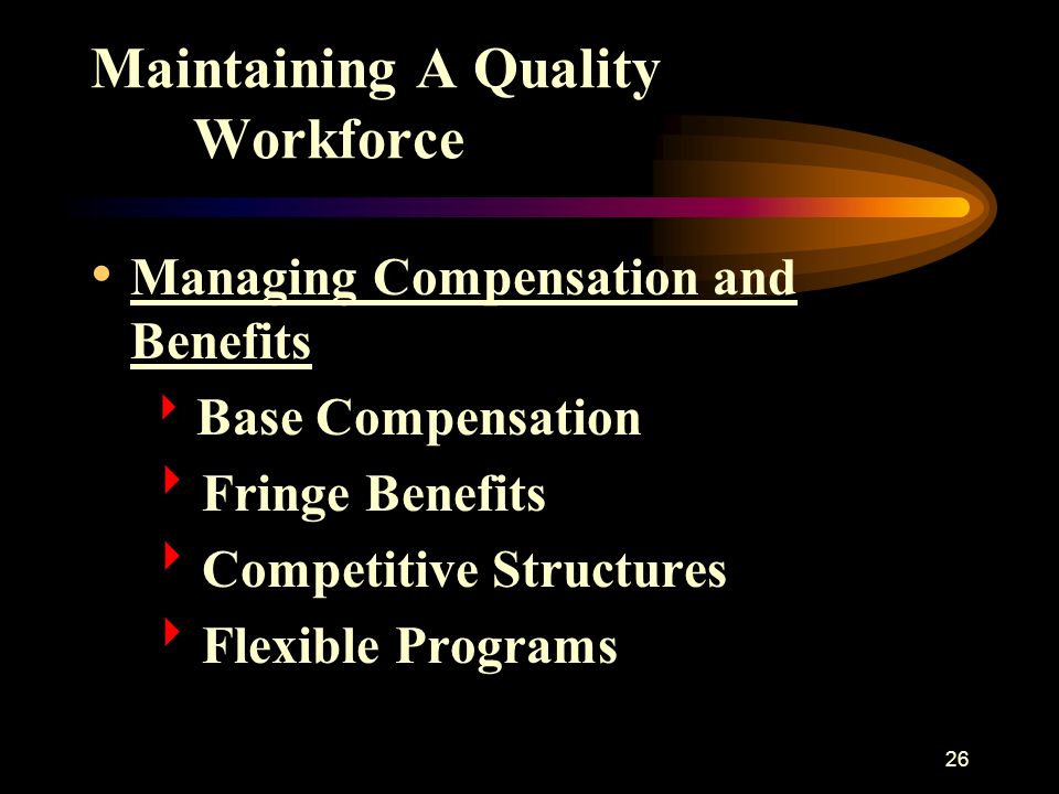 26 Maintaining A Quality Workforce Managing Compensation and Benefits  Base Compensation  Fringe Benefits  Competitive Structures  Flexible Programs
