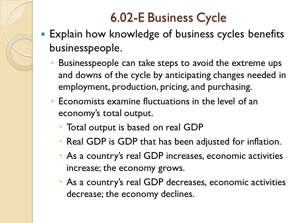 6.02-E Business Cycle Explain how knowledge of business cycles benefits businesspeople.