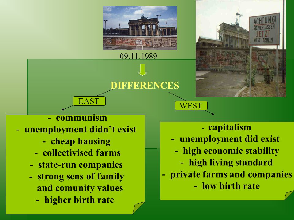 DIFFERENCES EAST WEST - communism - unemployment didn’t exist - cheap hausing - collectivised farms - state-run companies - strong sens of family and comunity values - higher birth rate - capitalism - unemployment did exist - high economic stability - high living standard - private farms and companies - low birth rate