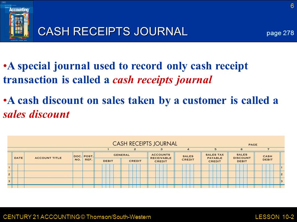CENTURY 21 ACCOUNTING © Thomson/South-Western 6 LESSON 10-2 CASH RECEIPTS JOURNAL page 278 A special journal used to record only cash receipt transaction is called a cash receipts journal A cash discount on sales taken by a customer is called a sales discount