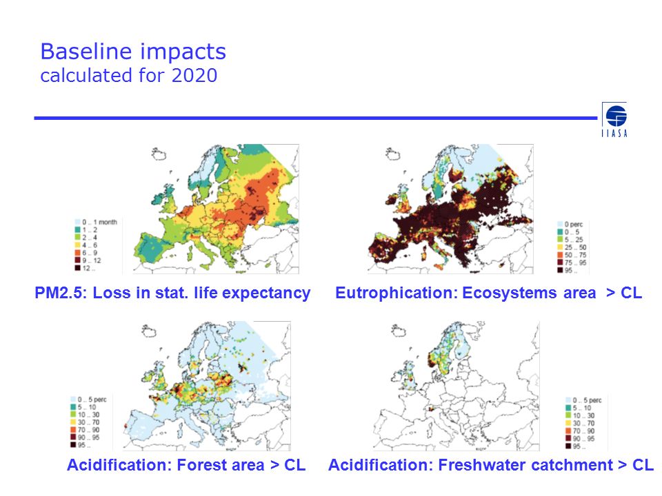 Baseline impacts calculated for 2020 Acidification: Forest area > CL Acidification: Freshwater catchment > CL PM2.5: Loss in stat.