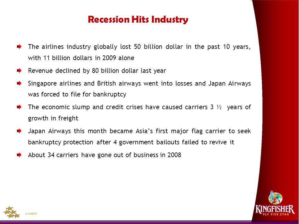 Recession Hits Industry The airlines industry globally lost 50 billion dollar in the past 10 years, with 11 billion dollars in 2009 alone Revenue declined by 80 billion dollar last year Singapore airlines and British airways went into losses and Japan Airways was forced to file for bankruptcy The economic slump and credit crises have caused carriers 3 ½ years of growth in freight Japan Airways this month became Asia’s first major flag carrier to seek bankruptcy protection after 4 government bailouts failed to revive it About 34 carriers have gone out of business in 2008