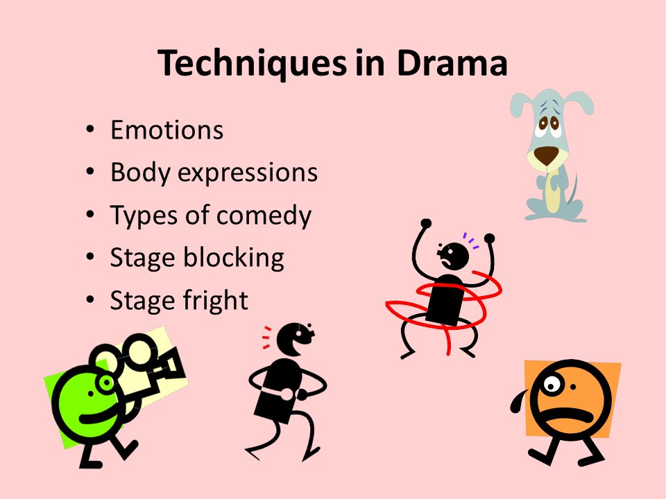 Techniques in Drama Emotions Body expressions Types of comedy Stage blocking Stage fright